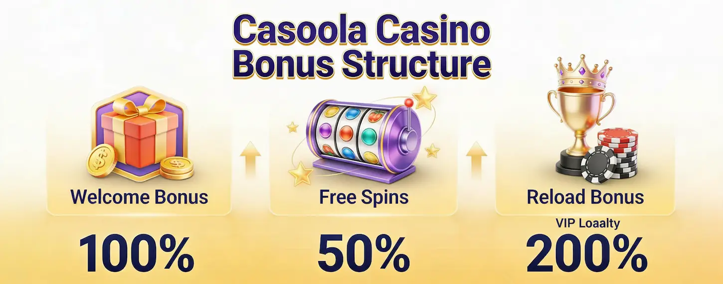 Casoola Casino bonus structure overview showing Welcome Bonus