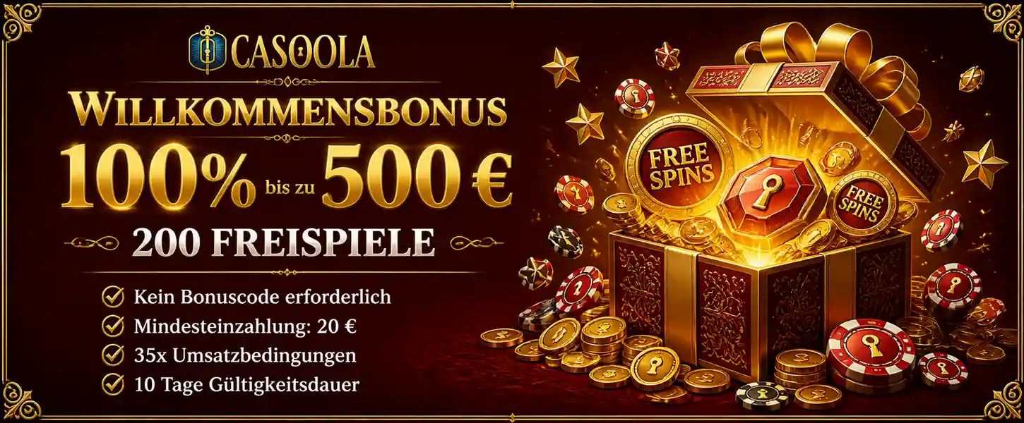 Casoola Casino Willkommensbonus 100% bis 500 Euro plus 200 Freispiele