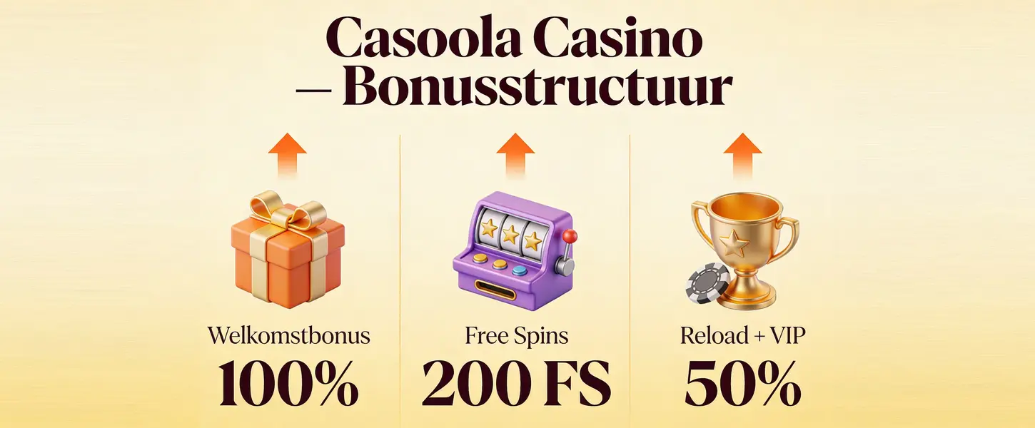 Casoola Casino Bonusstructuur — 100% + 200 FS
